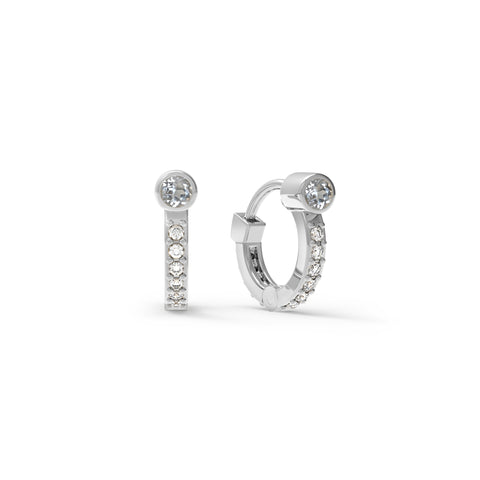 Tiny White Topaz Huggie Hoops with Diamonds in 14k Gold (April) - White Gold