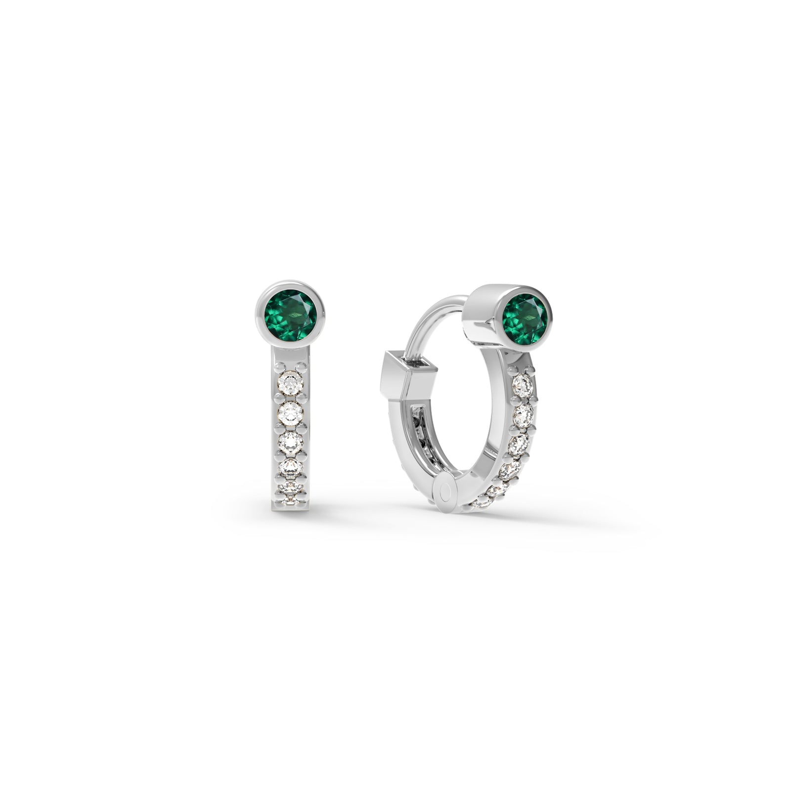 Tiny Emerald Huggie Hoops with Diamonds in 14k Gold (May)