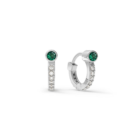 Tiny Emerald Huggie Hoops with Diamonds in 14k Gold (May) - White Gold