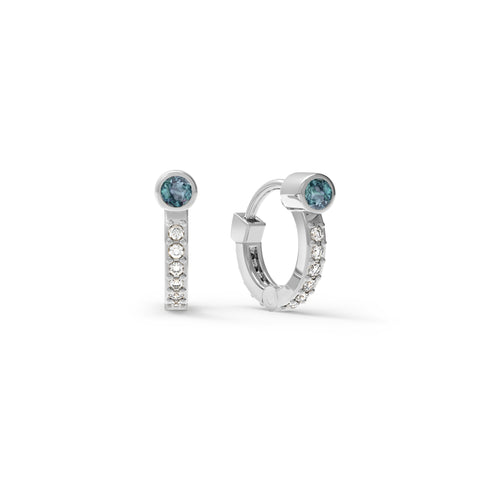 Tiny Alexandrite Huggie Hoops with Diamonds in 14k Gold (June) - White Gold