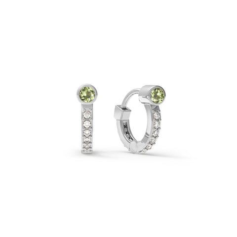 Tiny Peridot Huggie Hoops with Diamonds in 14k Gold (August) - White Gold
