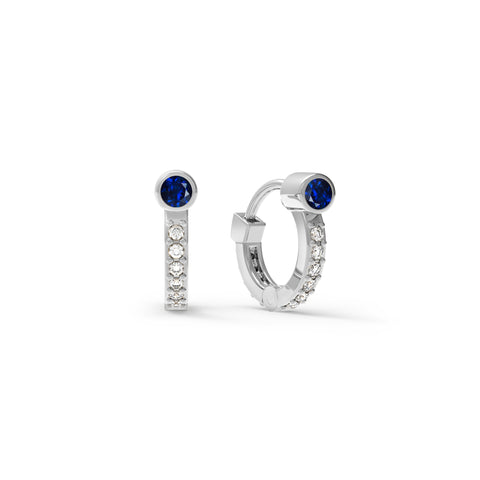 Tiny Sapphire Huggie Hoops with Diamonds in 14k Gold (September) - White Gold