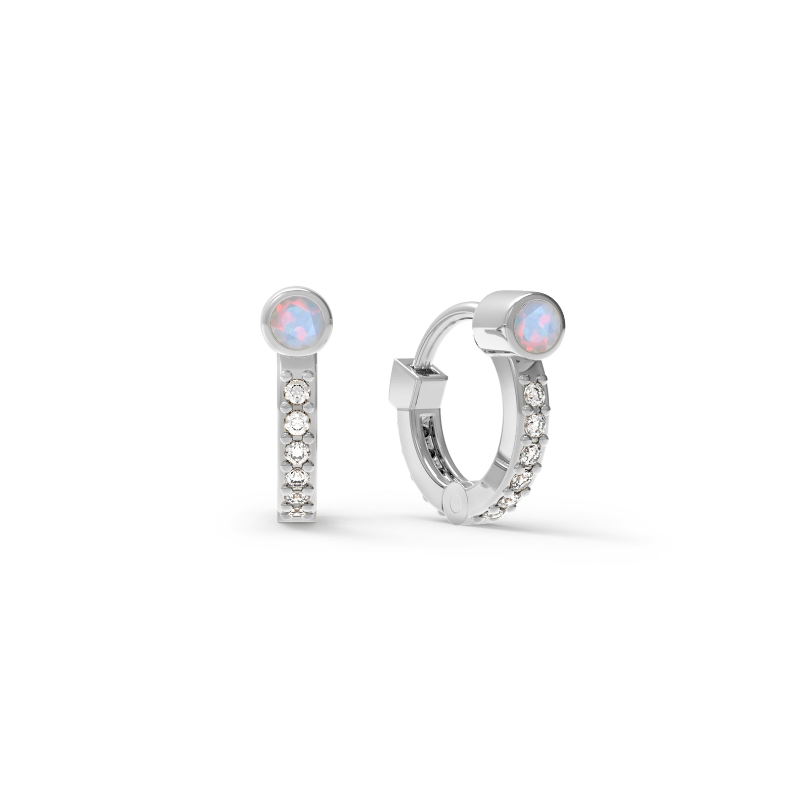 Tiny Opal Huggie Hoops with Diamonds in 14k Gold (October)