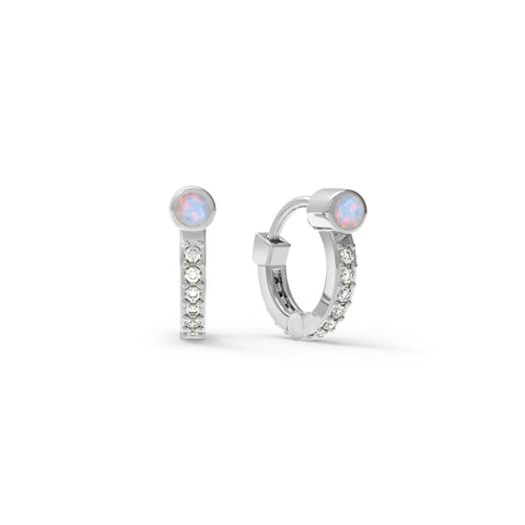 Tiny Opal Huggie Hoops with Diamonds in 14k Gold (October) - White Gold