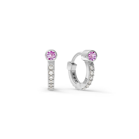 Tiny Pink Sapphire Huggie Hoops with Diamonds in 14k Gold (October) - White Gold