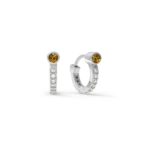 Tiny Citrine Huggie Hoops with Diamonds in 14k Gold (November) - White Gold