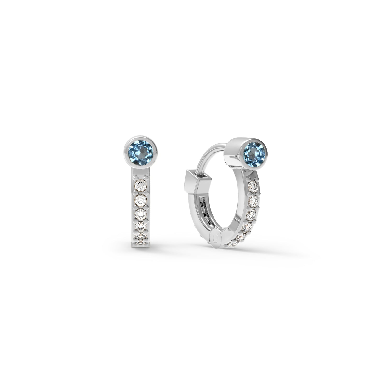 Tiny Nantucket Blue Topaz Huggie Hoops with Diamonds in 14k Gold (December)