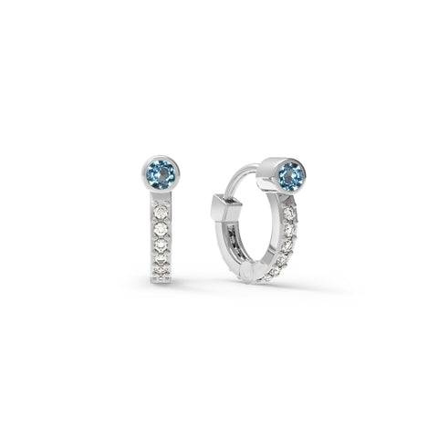 Tiny Nantucket Blue Topaz Huggie Hoops with Diamonds in 14k Gold (December) - White Gold