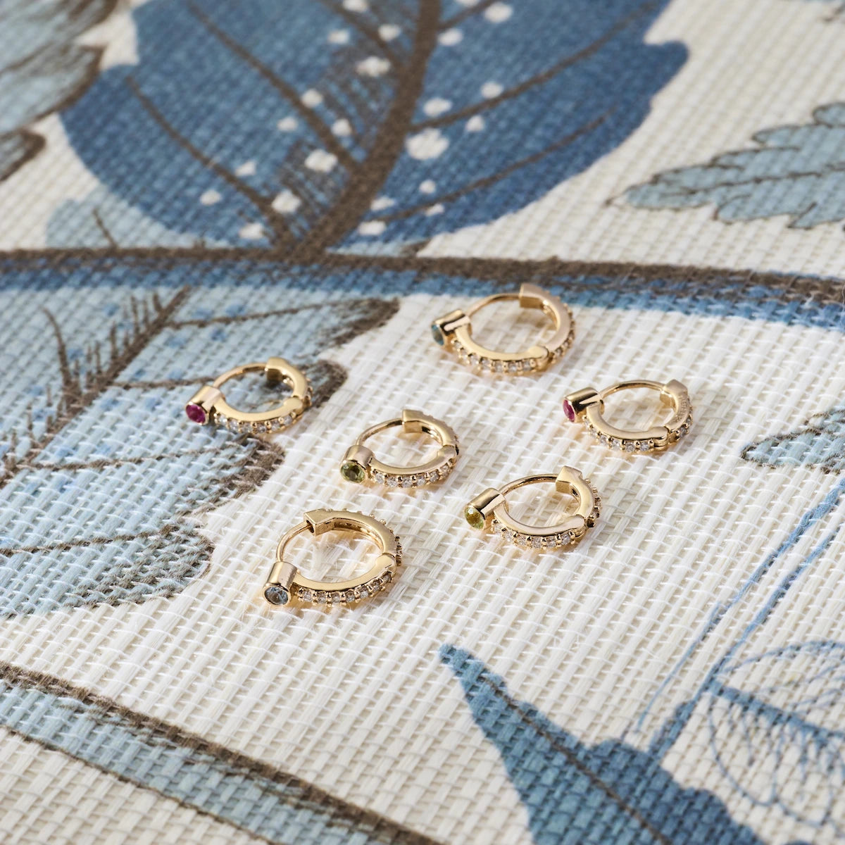 Tiny Peridot Huggie Hoops with Diamonds in 14k Gold (August)