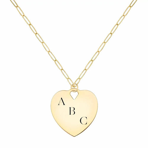 Engravable Large Flat Heart Pendant in 14k Gold on Adelaide Mini chain, personalized with three initials.
