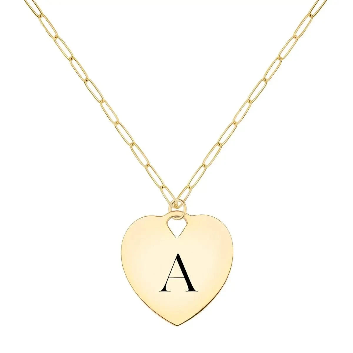 14k yellow gold heart pendant necklace engraved with a single initial “A” on an Adelaide Mini chain.