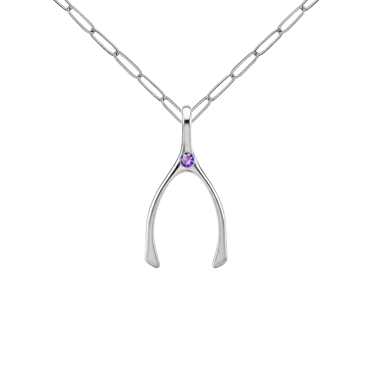 Small Amethyst Wishbone Pendant in Solid 14k Gold (February)