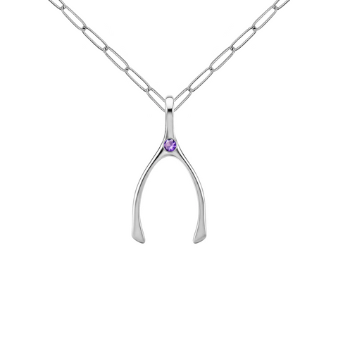 Small Amethyst Wishbone Pendant in Solid 14k Gold (February) - White Gold