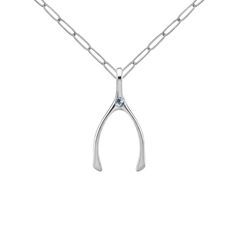 Small Aquamarine Wishbone Pendant in Solid 14k Gold (March) - White Gold