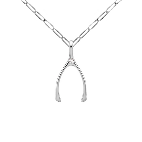 Small Diamond Wishbone Pendant in Solid 14k Gold (April) - White Gold