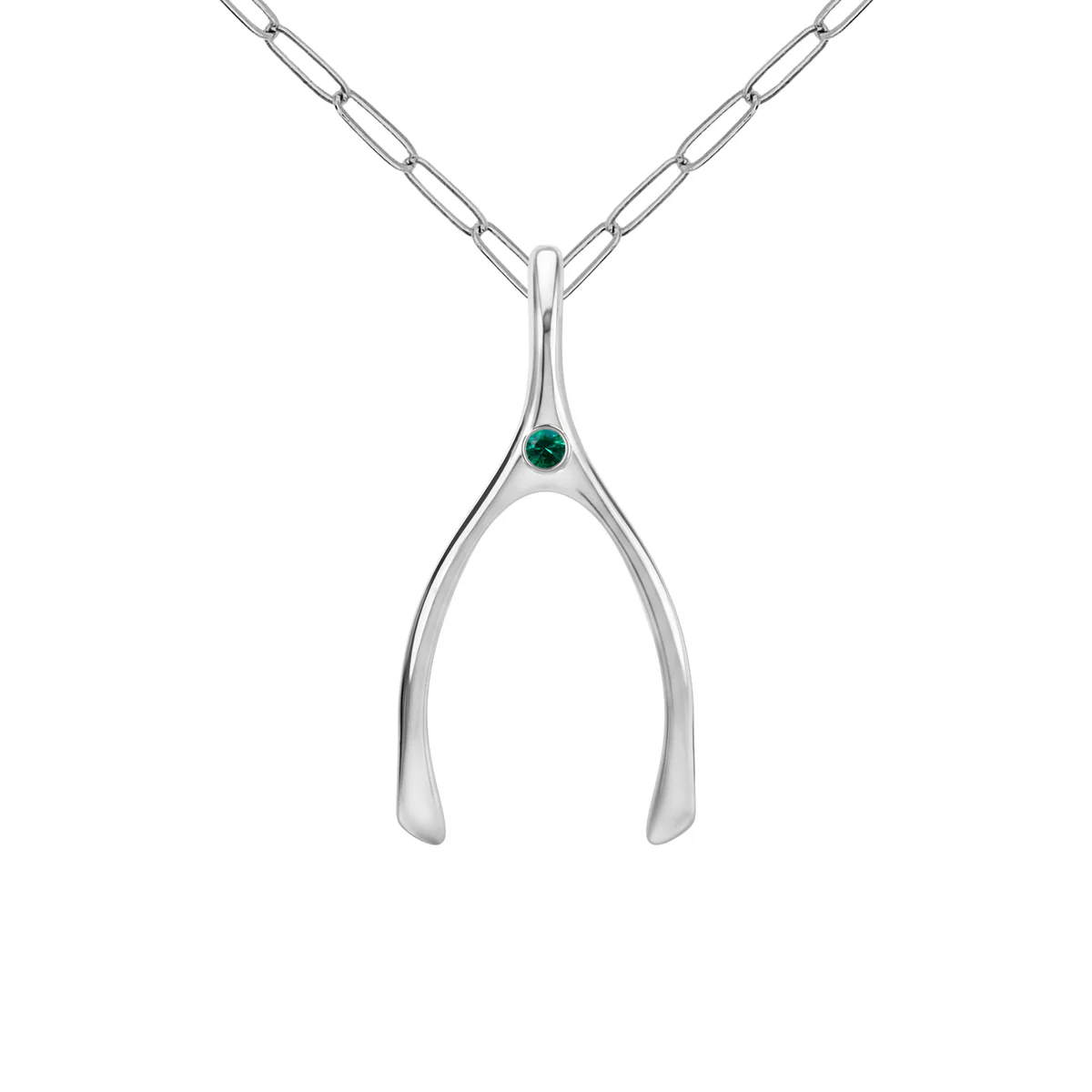 Large Emerald Wishbone Pendant in Solid 14k Gold (May)