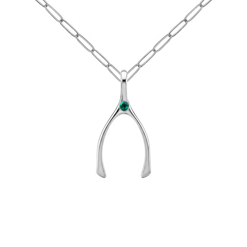 Small Emerald Wishbone Pendant in Solid 14k Gold (May) - White Gold