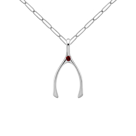 Small Garnet Wishbone Pendant in Solid 14k Gold (January) - White Gold