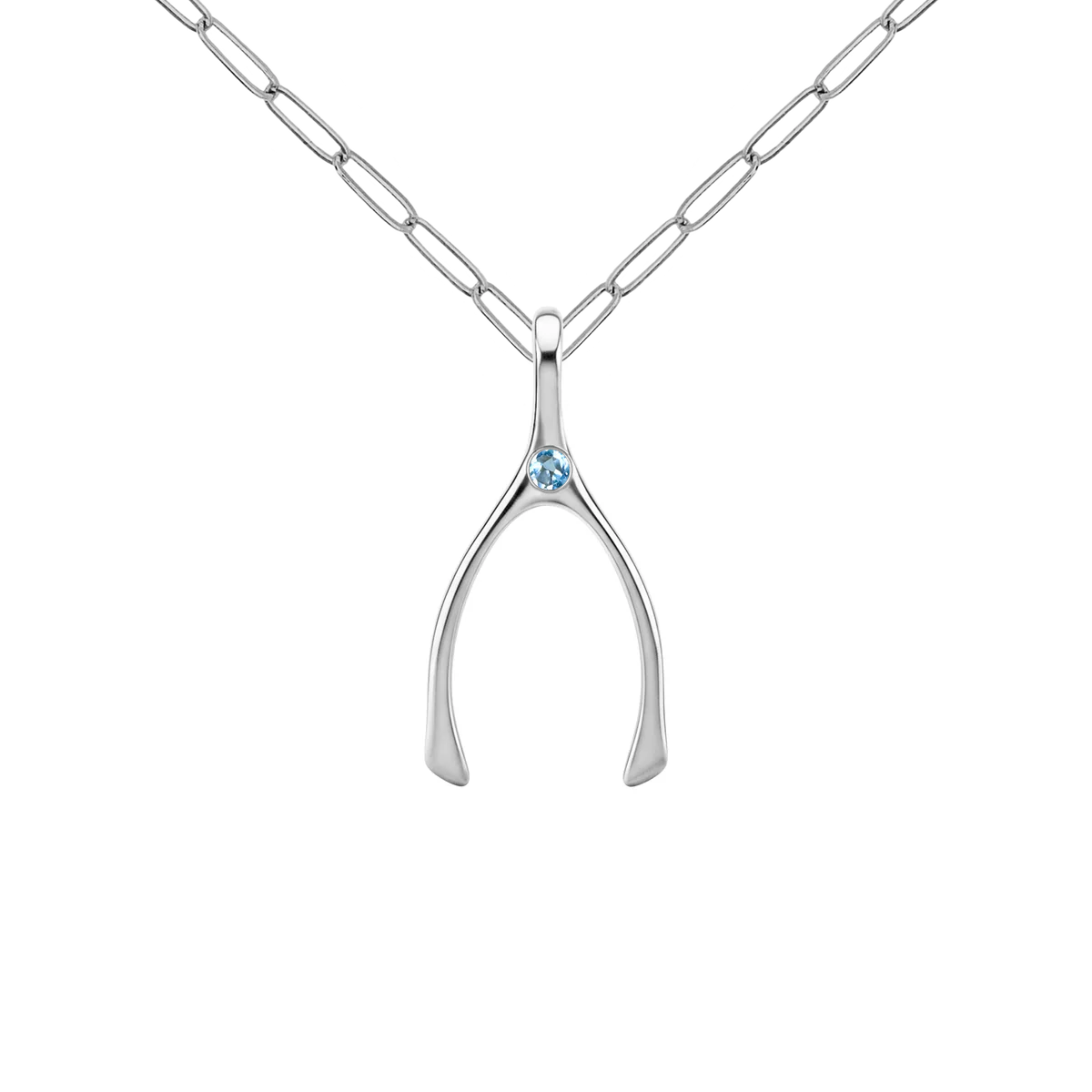 Small Nantucket Blue Topaz Wishbone Pendant in Solid 14k Gold (December)