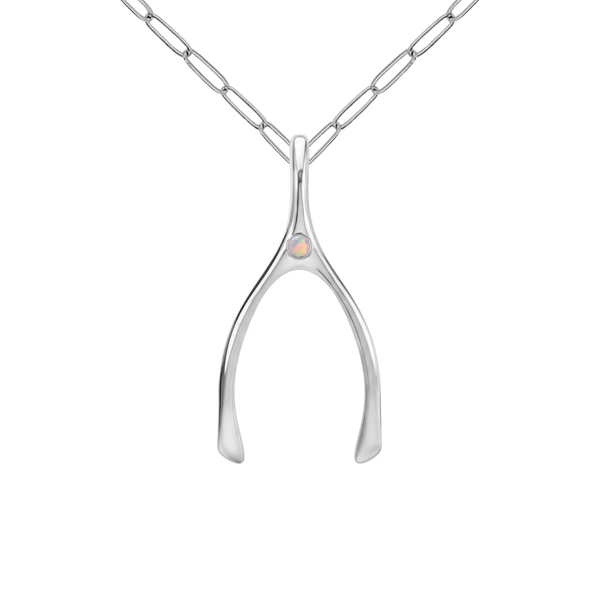 Large Opal Wishbone Pendant in Solid 14k Gold (October)