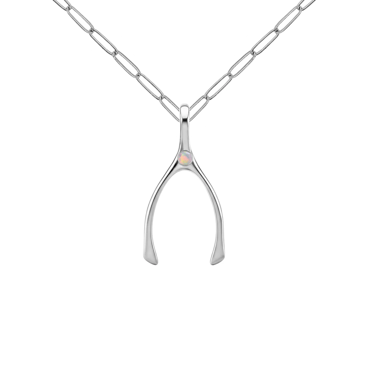 Small Opal Wishbone Pendant in Solid 14k Gold (October)