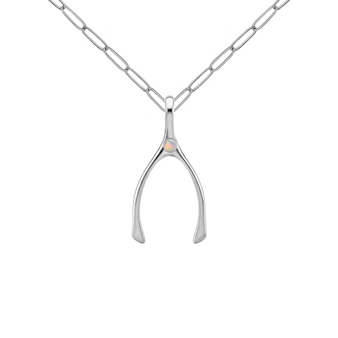Small Opal Wishbone Pendant in Solid 14k Gold (October) - White Gold