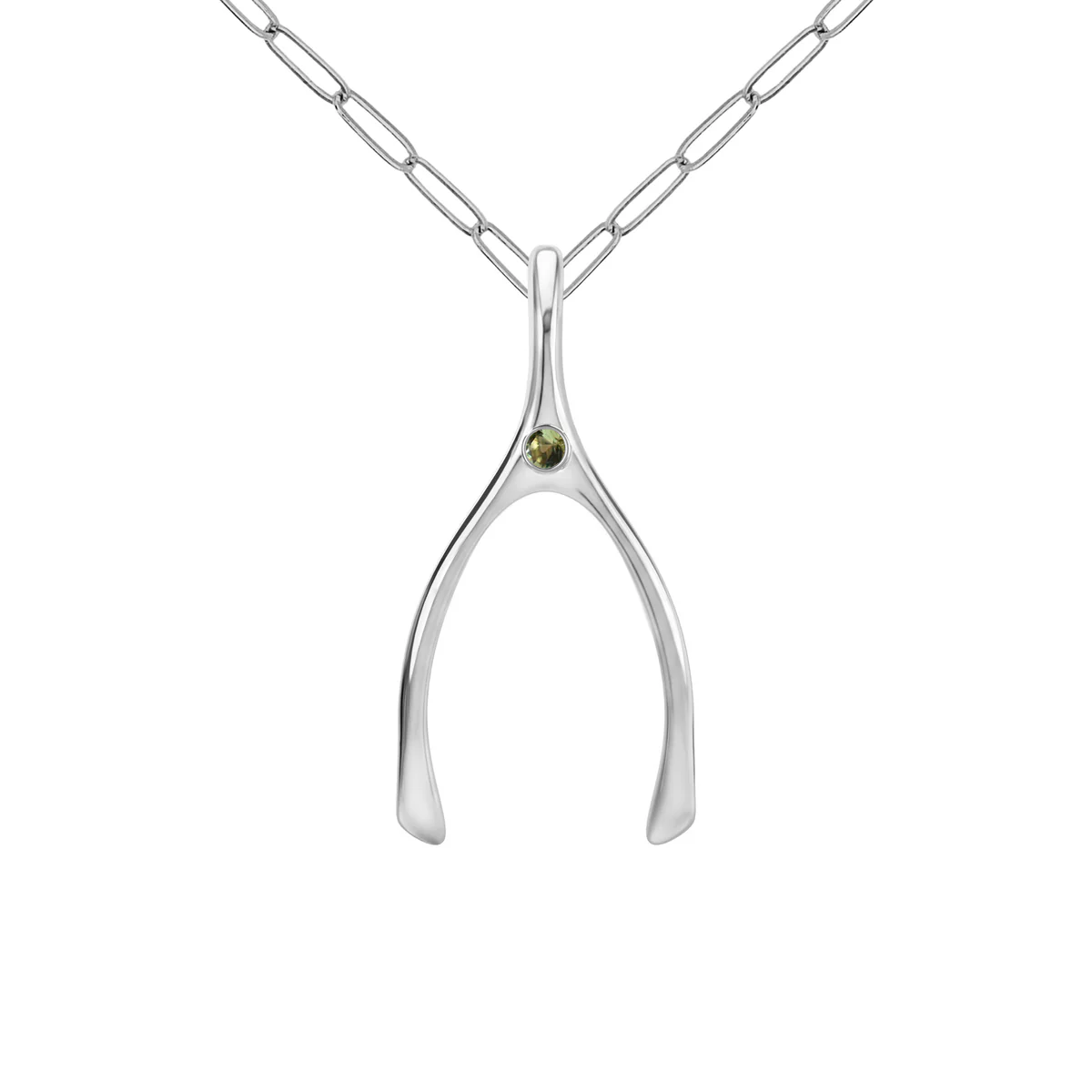 Large Peridot Wishbone Pendant in Solid 14k Gold (August)