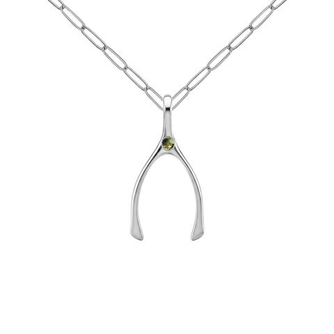 Small Peridot Wishbone Pendant in Solid 14k Gold (August) - White Gold