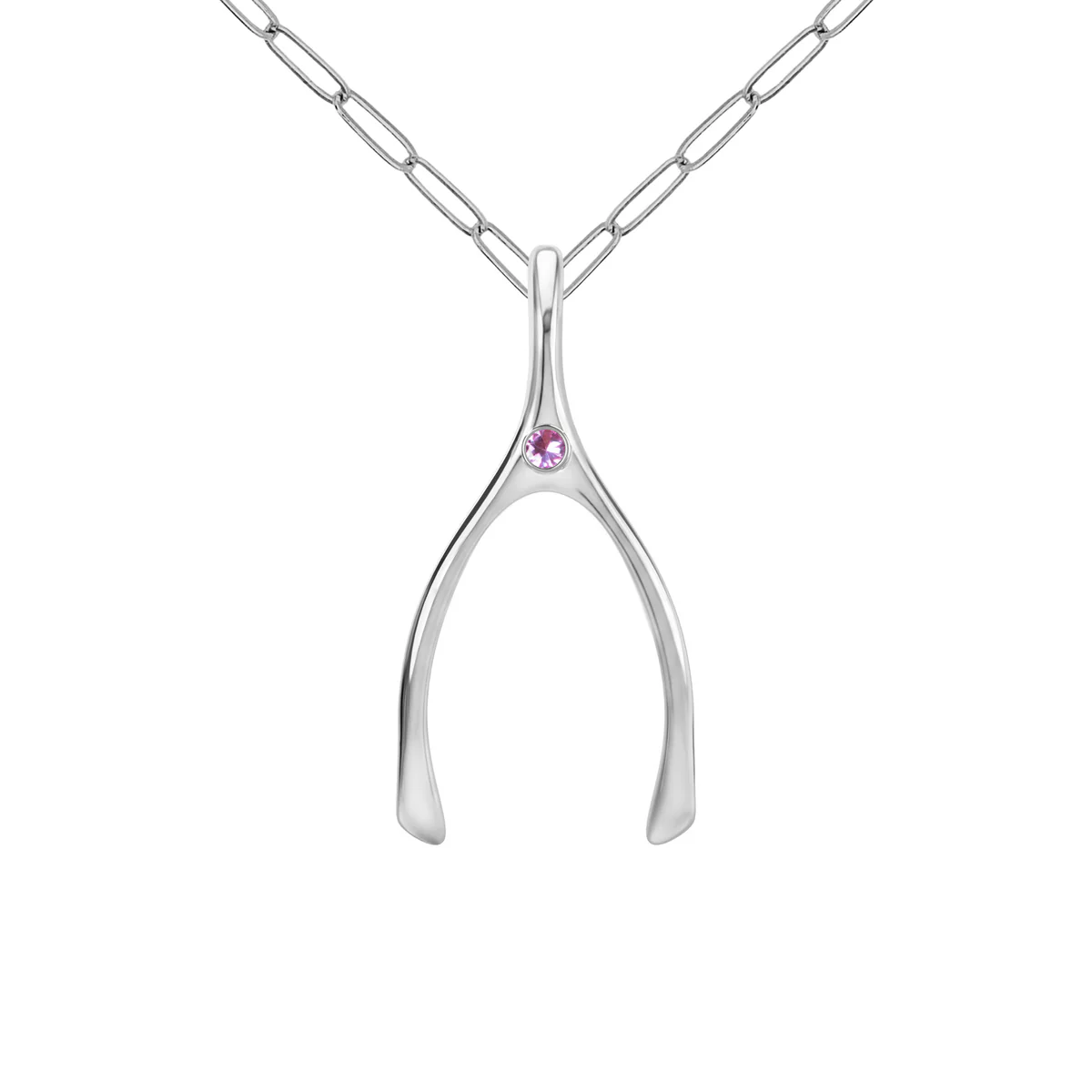 Large Pink Sapphire Wishbone Pendant in Solid 14k Gold (October)