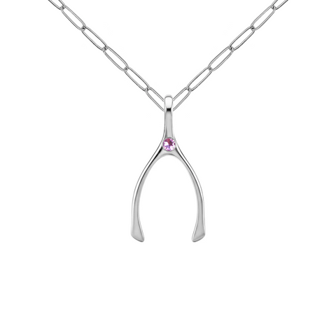 Small Pink Sapphire Wishbone Pendant in Solid 14k Gold (October) - White Gold