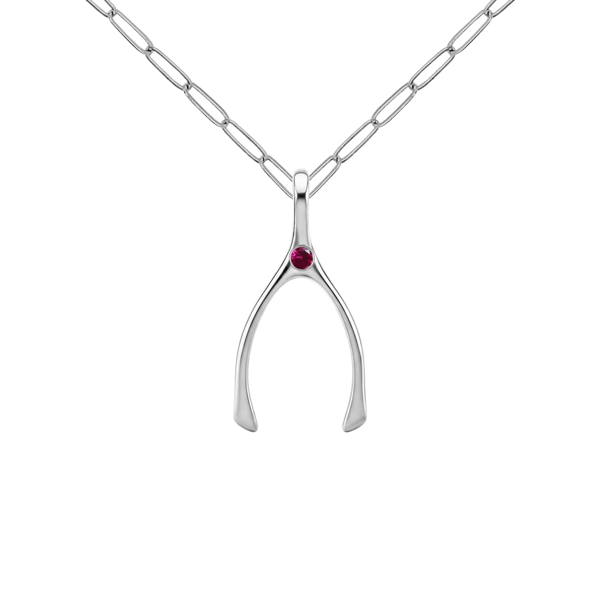 Small Ruby Wishbone Pendant in Solid 14k Gold (July)