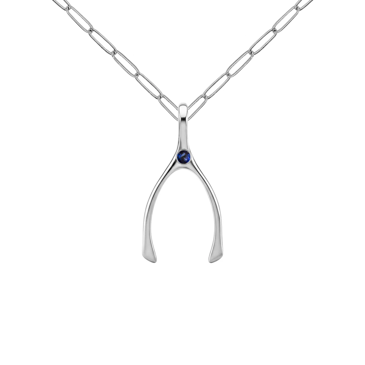 Small Sapphire Wishbone Pendant in Solid 14k Gold (September)
