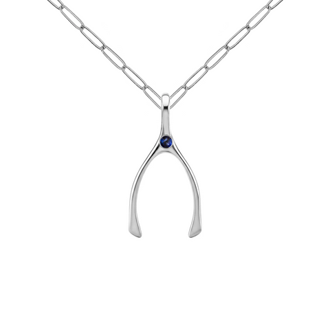 Small Sapphire Wishbone Pendant in Solid 14k Gold (September) - White Gold