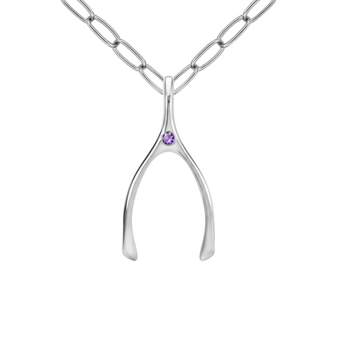 Large Amethyst Wishbone Pendant in Solid 14k Gold (February) - White Gold