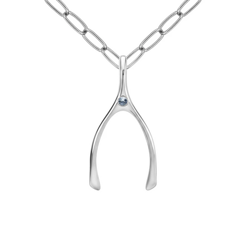 Large Aquamarine Wishbone Pendant in Solid 14k Gold (March) - White Gold