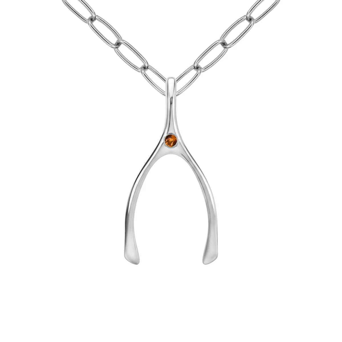Large Citrine Wishbone Pendant in Solid 14k Gold (November)