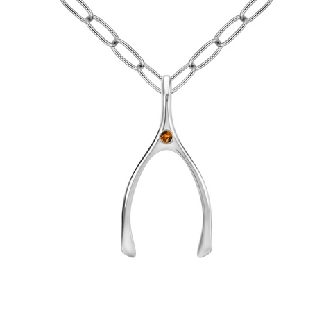 Large Citrine Wishbone Pendant in Solid 14k Gold (November) - White Gold