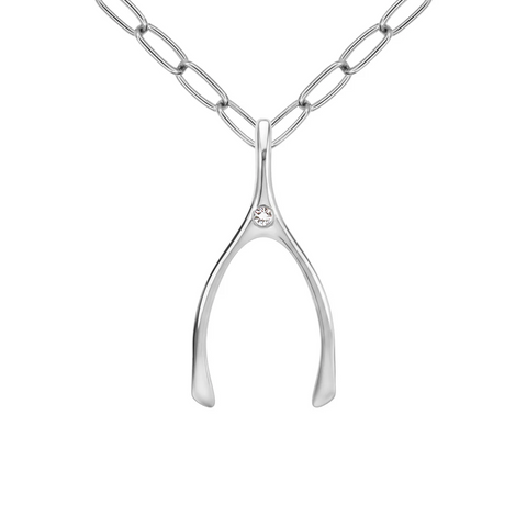 Large Diamond Wishbone Pendant in Solid 14k Gold (April) - White Gold
