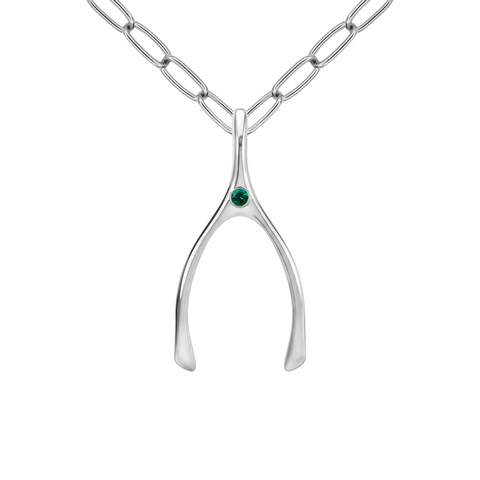 Large Emerald Wishbone Pendant in Solid 14k Gold (May) - White Gold