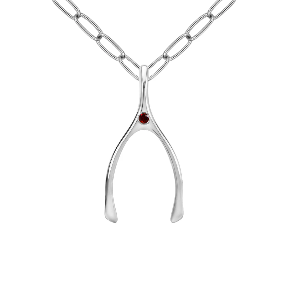 Large Garnet Wishbone Pendant in Solid 14k Gold (January)