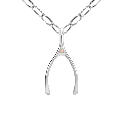 Large Opal Wishbone Pendant in Solid 14k Gold (October) - White Gold