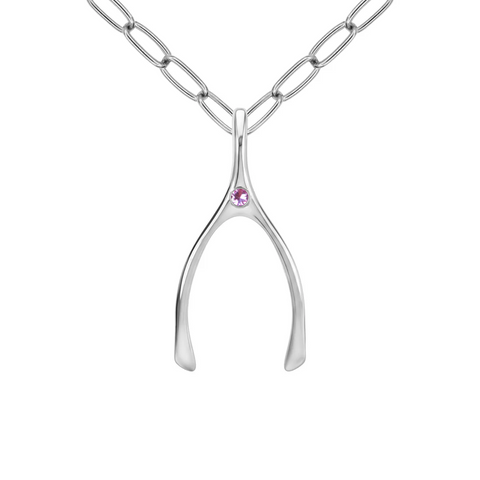 Large Pink Sapphire Wishbone Pendant in Solid 14k Gold (October) - White Gold
