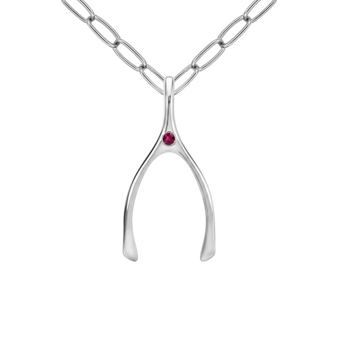Large Ruby Wishbone Pendant in Solid 14k Gold (July) - White Gold
