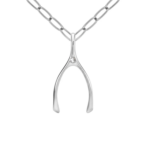 Large White Topaz Wishbone Pendant in Solid 14k Gold (April) - White Gold