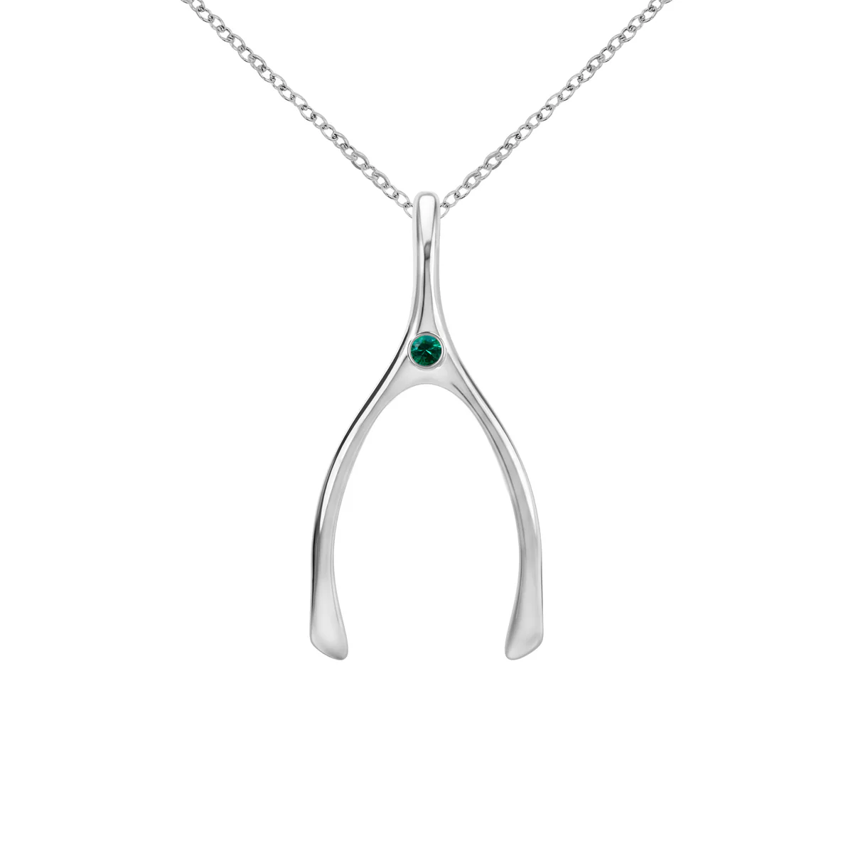 Large Emerald Wishbone Pendant in Solid 14k Gold (May)