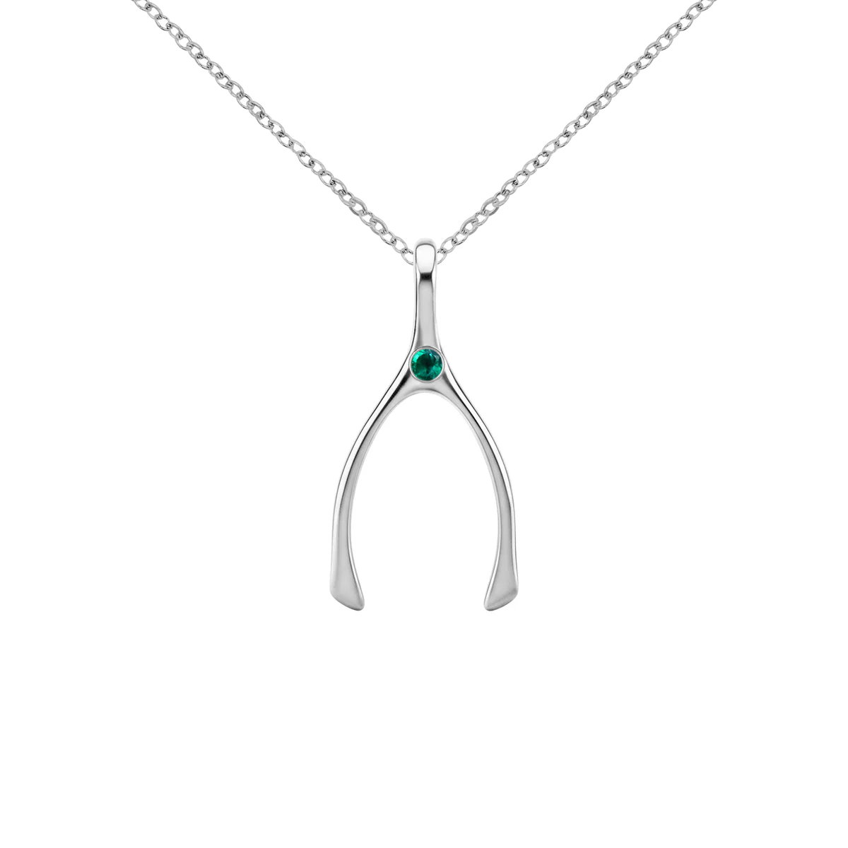 Small Emerald Wishbone Pendant in Solid 14k Gold (May)