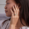 Woman wearing a 14k yellow gold Warren Horizontal Green Amethyst Ring with Diamonds, showcasing an 8 x 10mm Green Amethyst and 16 prong-set diamonds.