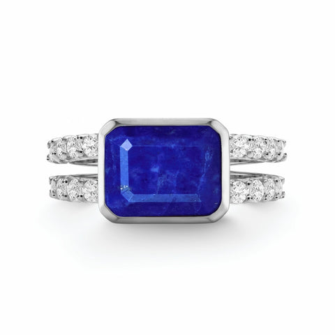 Warren Horizontal Lapis Ring with Diamonds in 14k Gold (September) - White Gold