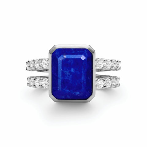 Warren Vertical Lapis Ring with Diamonds in 14k Gold (September) - White Gold