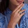 Woman wearing a 14k yellow gold Warren Vertical Green Amethyst Ring, showcasing one 10 x 8 mm Green Amethyst cut, bezel set Green Amethyst.